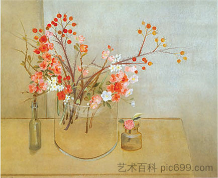 冬季花束（开花的榅桲，玫瑰山楂，水仙，冬季玫瑰和山茶花） Winter Bouquet (flowering quince, rosehaws, narcissus, winter rose and camellia) (1977)，莫里斯·格雷夫斯