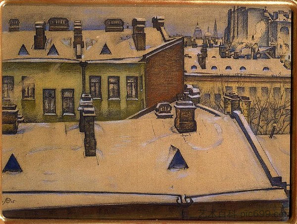 雪下的屋顶 Rooftops under the snow (1916; Leningrad / Sankt-peterburg / Petrograd / Sankt Petersburg / Saint Petersburg,Russian Federation  )，莫斯塔拉夫·多布尔日茨基