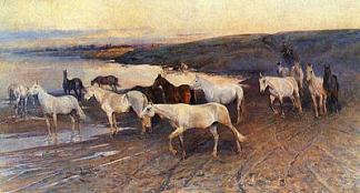 一群奥廖尔猪蹄 Herd of Oryol trotters (1890)，米科拉·萨莫基什