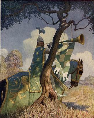 准备与博曼爵士战斗的绿骑士 The green knight preparing to battle Sir Beaumains，纽威·康瓦斯·魏斯