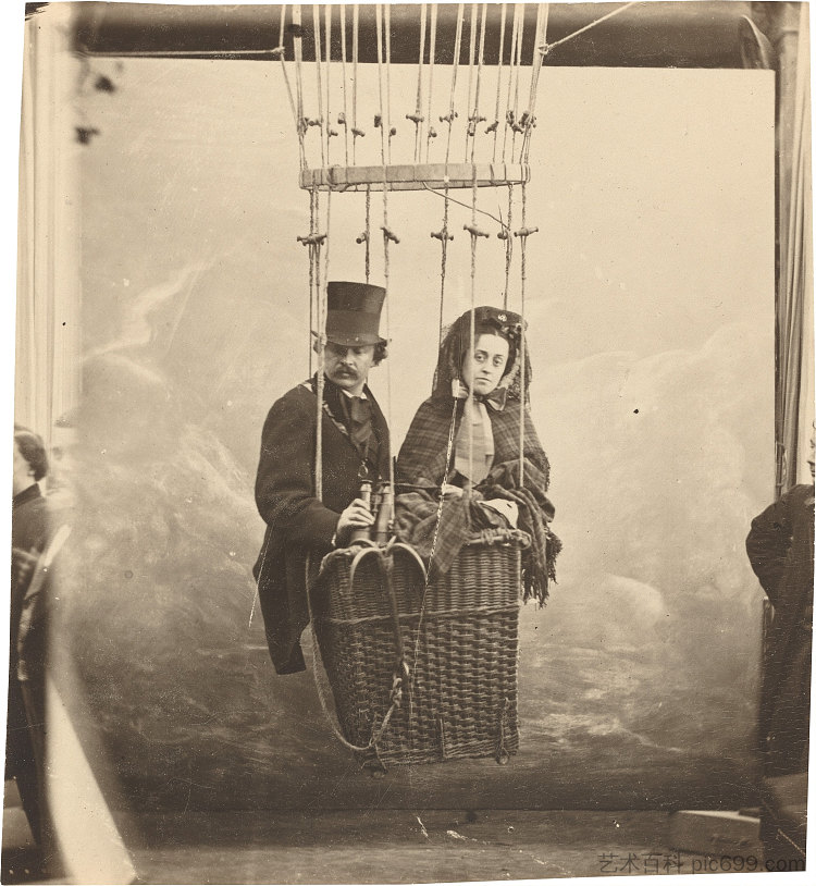 与妻子欧内斯汀在气球缆车上的自画像 Self-portrait with Wife Ernestine in a Balloon Gondola (1890)，菲利克斯·纳达尔