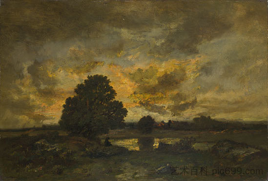 与暴风雨日落常见 Common with Stormy Sunset (1850)，纳尔西斯·维尔日勒·迪亚