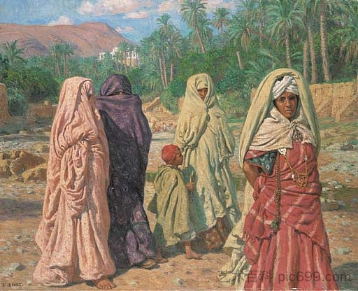 穿过布萨达干河干床的妇女 Women crossing the dry bed of the Bou-Saâda wadi，纳斯尔丁·迪内特