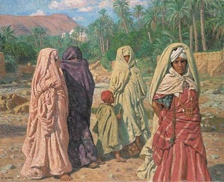 穿过布萨达干河干床的妇女 Women crossing the dry bed of the Bou-Saâda wadi，纳斯尔丁·迪内特