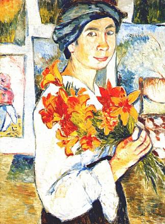 自画像与黄色百合 Self Portrait with Yellow Lilies (1907)，冈察洛娃