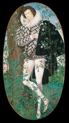 一个年轻人靠在玫瑰花中的一棵树上 A Young Man Leaning Against a Tree Amongst Roses (1595)，尼古拉斯·希威德