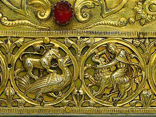 狩猎弗里兹，与狮子战斗 Hunting Frieze, Battle with Lion (c.1200)，凡尔登的尼古拉斯