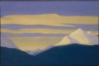 喜马拉雅山脉。紫色天空上的金色云彩。 Himalayas. Golden clouds on a purple sky. (1940)，尼古拉斯·罗瑞奇