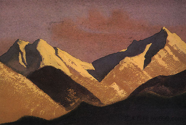 喜马拉雅山脉。山被夕阳照亮。 Himalayas. Mountains lit by sunset. (1941)，尼古拉斯·罗瑞奇