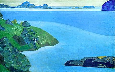 卡累利阿景观。岩石海岸。 Karelian landscape. Rocky seashore. (1917)，尼古拉斯·罗瑞奇