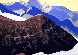 拉胡尔岩石（格萨尔的迹象） Lahaul rocks (Signs of Gesar) (c.1936)，尼古拉斯·罗瑞奇