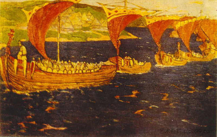 猩红的帆（海外客人） Scarlet Sails (Overseas guests) (c.1903)，尼古拉斯·罗瑞奇