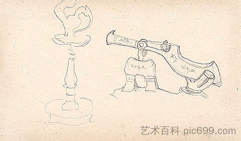 里姆斯基-科萨科夫歌剧的灯和沙皇大炮草图 Sketch of lamp and Tsar-Cannon for Rimsky-Korsakovs opera (1919)，尼古拉斯·罗瑞奇