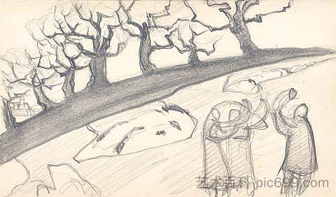 用树和人用虫子素描 Sketch with trees and people with buggles (1919)，尼古拉斯·罗瑞奇