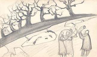 用树和人用虫子素描 Sketch with trees and people with buggles (1919)，尼古拉斯·罗瑞奇