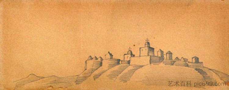 城镇（山上的修道院） Town (Monastery on hills) (c.1911)，尼古拉斯·罗瑞奇