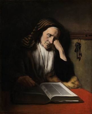 一个老妇人在书上打瞌睡 An Old Woman Dozing over a Book (1655)，尼古拉斯·马斯