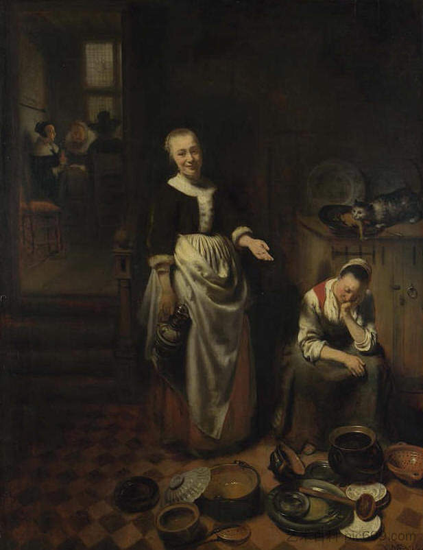 室内与睡觉的厨房女仆 - 闲散的仆人 Interior with Sleeping Kitchen Maid - The Idle Servant (1655)，尼古拉斯·马斯