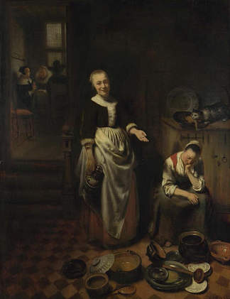 室内与睡觉的厨房女仆 – 闲散的仆人 Interior with Sleeping Kitchen Maid – The Idle Servant (1655)，尼古拉斯·马斯