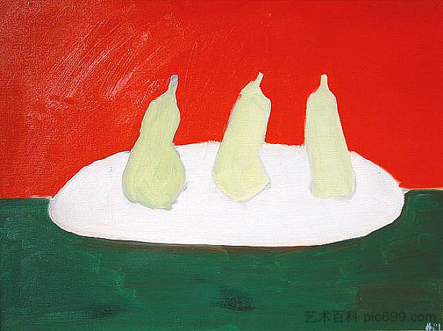 静物,梨,绿色和橙色背景 Nature morte, poires, fond vert et orange,尼古拉·德·斯塔埃尔