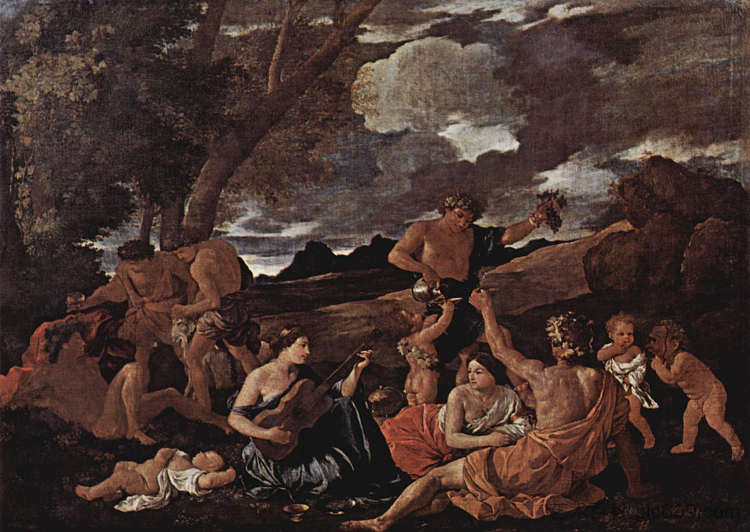 安德里安斯或伟大的酒神与女人弹琵琶 Andrians or The Great Bacchanal with Woman Playing a Lute (1628),尼古拉斯·普桑