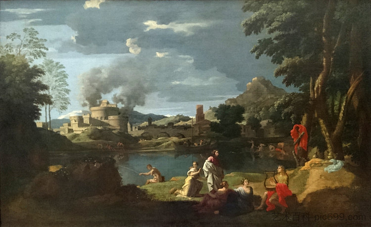 俄耳甫斯和欧律狄刻（俄耳甫斯和欧律狄刻的风景） Orpheus and Eurydice (Landscape with Orpheus and Eurydice) (c.1650)，尼古拉斯·普桑