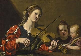 一个拉小提琴的女人和两个孩子在唱歌 A woman playing the violin with two children singing，尼古拉斯·图尼埃