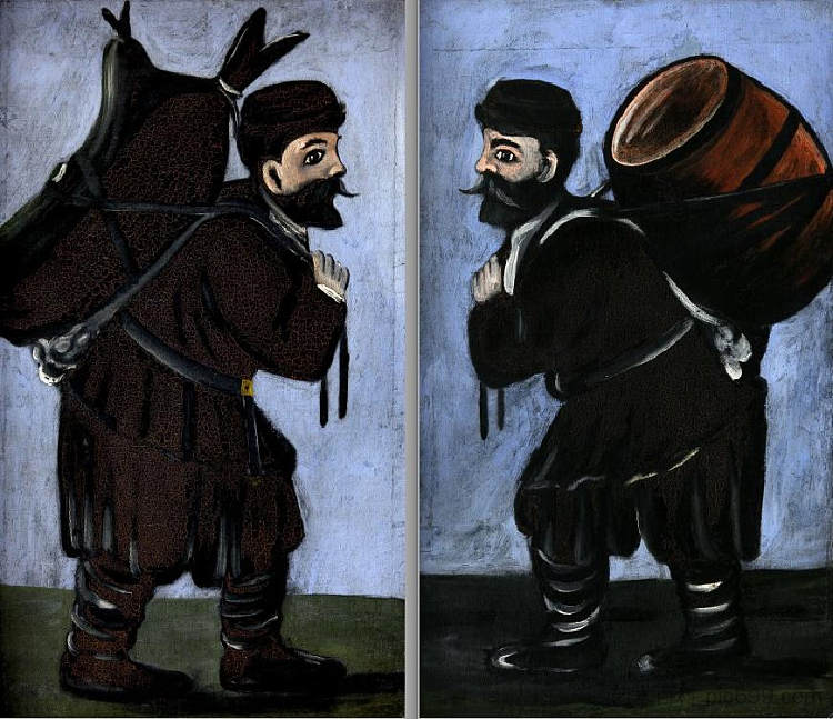 带桶的工人（双联画） Workers with a barrel (diptych) (1912)，皮罗斯马尼