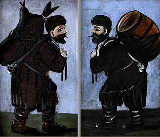 带桶的工人（双联画） Workers with a barrel (diptych) (1912)，皮罗斯马尼