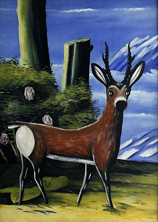 狍子与风景在背景 Roe deer with a Landscape in the Background (1913)，皮罗斯马尼