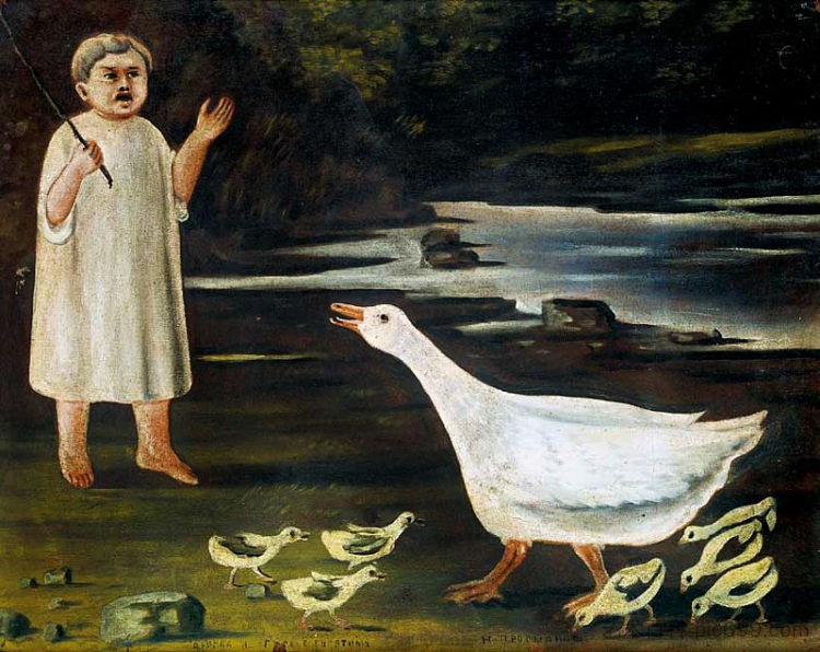 女孩用鹅放鹅 Girl grazing a goose with goslings，皮罗斯马尼