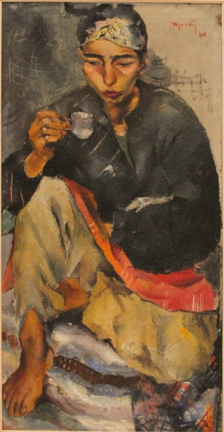 吉普赛女人喝咖啡 Gypsy woman drinking coffee (c.1928)，尼古拉·马丁诺斯基