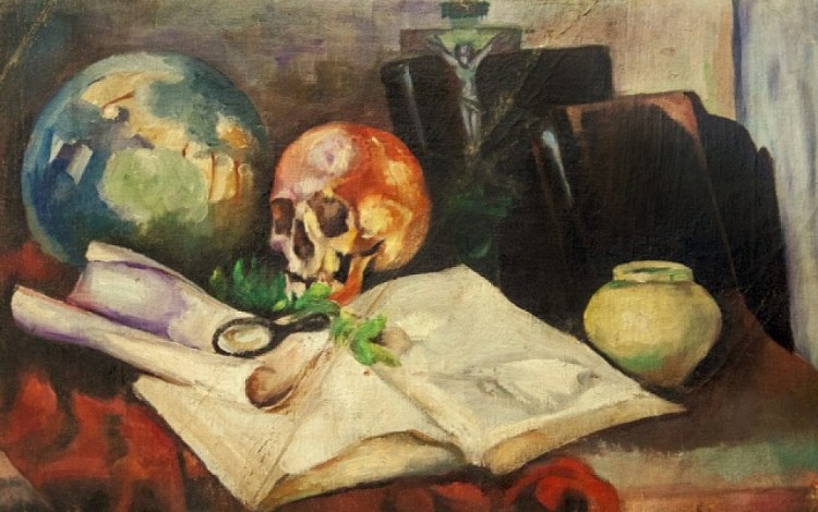有头骨的静物 Still life with a skull (c.1920)，尼古拉·马丁诺斯基