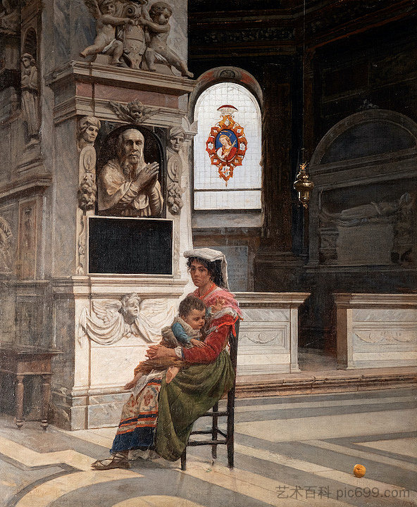 母亲和孩子在罗马的圣玛丽亚德尔波波罗大教堂内 Mother with child inside the basilica of Santa Maria del Popolo in Rome (1875)，诺亚·博尔迪尼翁