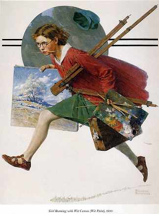 女孩用湿帆布跑步 Girl Running with Wet Canvas (1930)，诺曼·洛克威尔