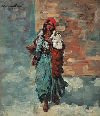 戴红色头巾的吉普赛女人 Gypsy Woman with Red Headscarf (1908)，奥克塔维亚·班吉拉
