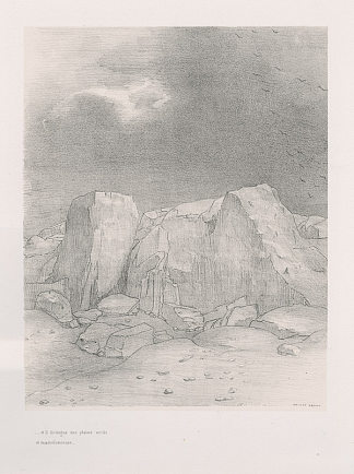 他辨别出一片干旱的、山丘覆盖的平原（图版 7） And he discerns an arid, knoll-covered plain (plate 7) (1896)，奥迪隆·雷东