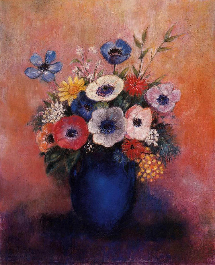 蓝色花瓶中的花束 Bouquet of Flowers in a Blue Vase，奥迪隆·雷东