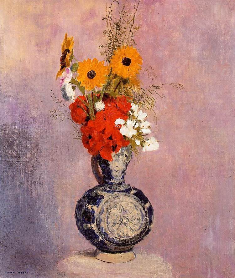 蓝色花瓶中的花束 Bouquet of Flowers in a Blue Vase，奥迪隆·雷东