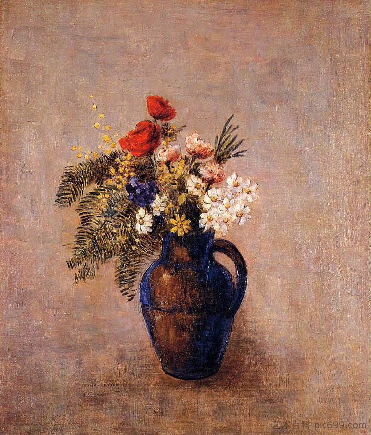 蓝色花瓶中的花束 Bouquet of Flowers in a Blue Vase (c.1907)，奥迪隆·雷东