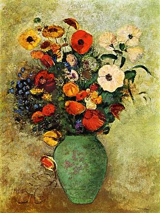 绿色花瓶中的花束 Bouquet of Flowers in a Green Vase (c.1907)，奥迪隆·雷东