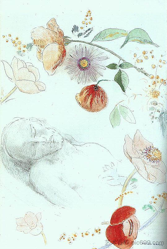 一个在花丛中睡着的男人的半身像 Bust of a Man Asleep amid Flowers，奥迪隆·雷东