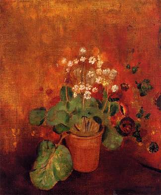 红色背景上的花盆中的花 Flowers in a Pot on a Red Background，奥迪隆·雷东