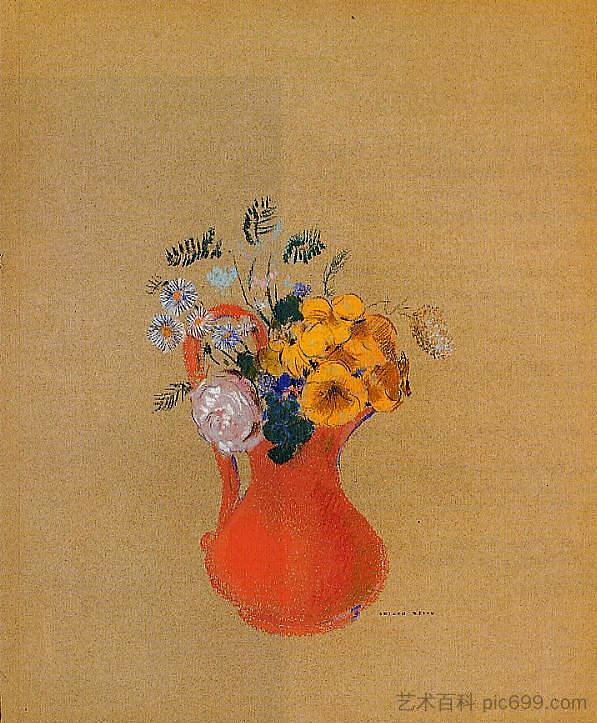 红色罐子里的花 Flowers in a Red Pitcher (c.1900)，奥迪隆·雷东