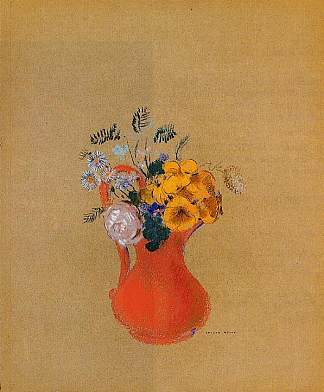 红色罐子里的花 Flowers in a Red Pitcher (c.1900)，奥迪隆·雷东