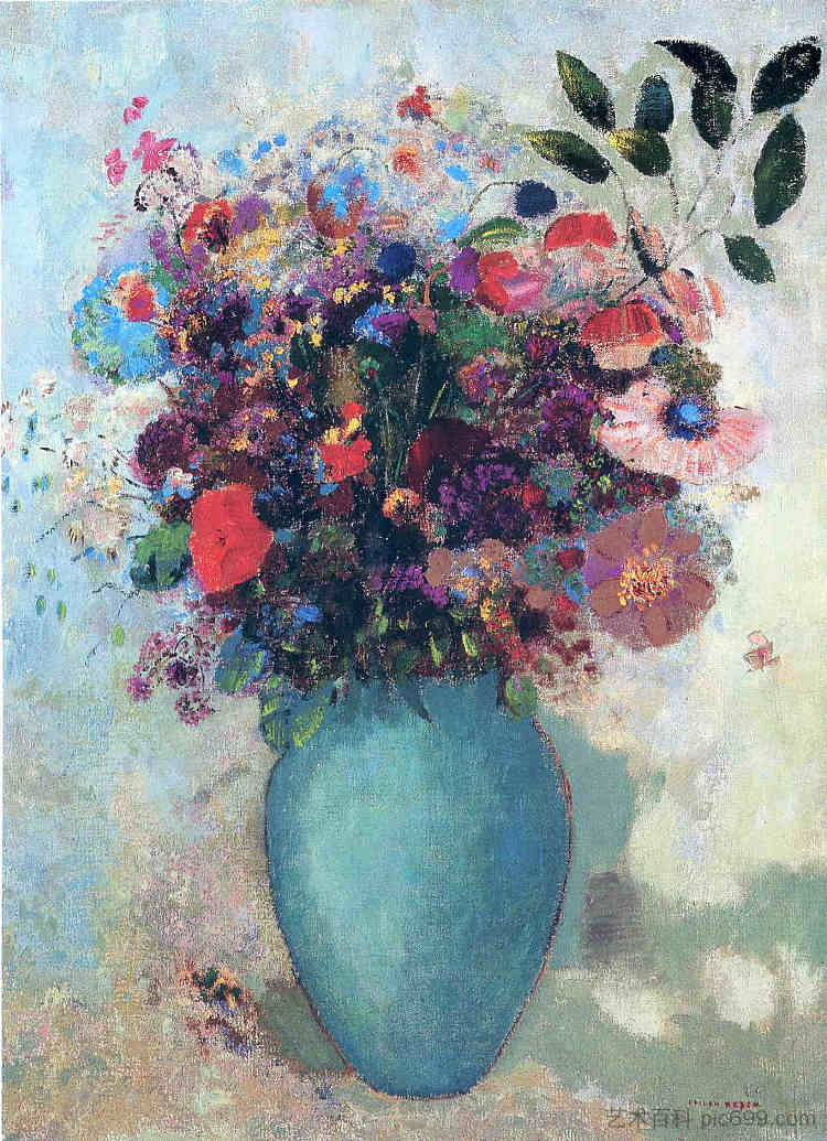 绿松石花瓶里的花朵 Flowers in a Turquoise Vase (c.1912)，奥迪隆·雷东