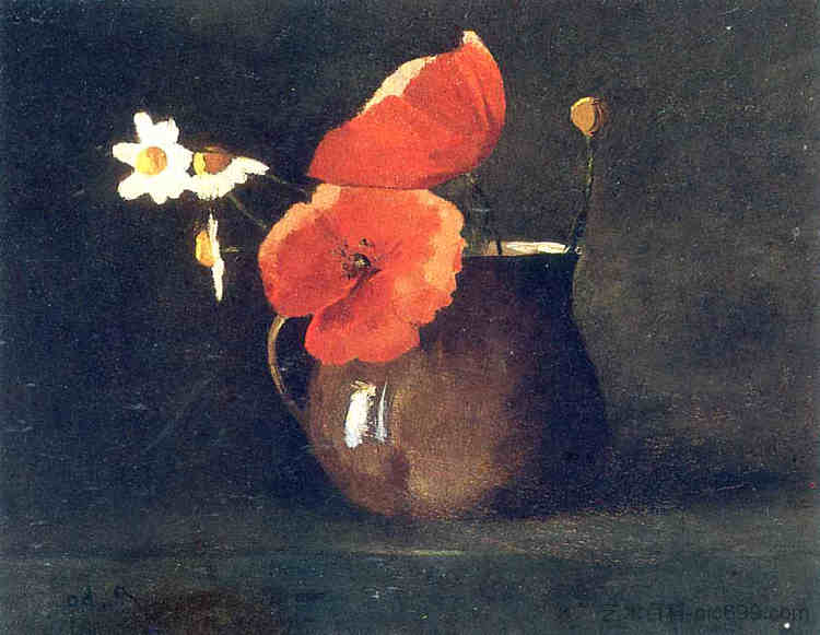 绿色花瓶里的花朵 Flowers in green vase (c.1868)，奥迪隆·雷东