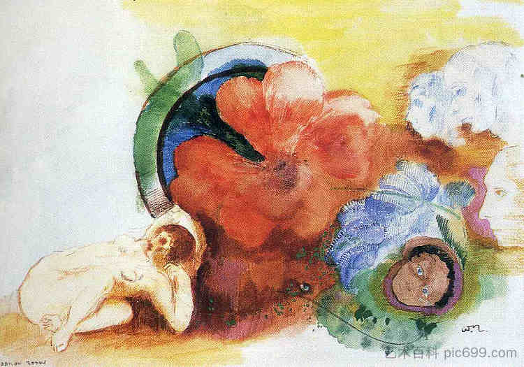 裸体、秋海棠和头像 Nude, Begonia and Heads (c.1912)，奥迪隆·雷东