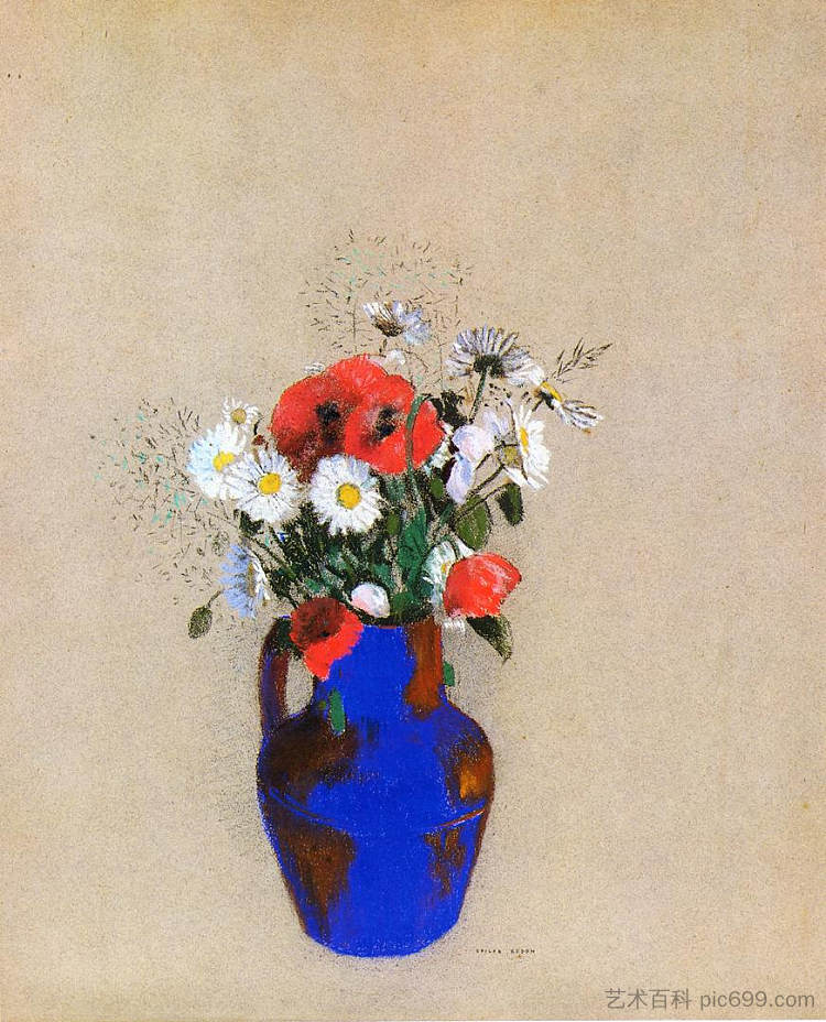 蓝色花瓶里的罂粟花和雏菊 Poppies and Daisies in a Blue Vase，奥迪隆·雷东