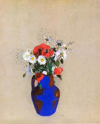 蓝色花瓶里的罂粟花和雏菊 Poppies and Daisies in a Blue Vase，奥迪隆·雷东